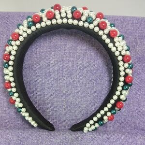 Elegant Pearl Headband with Red and Green Beads
